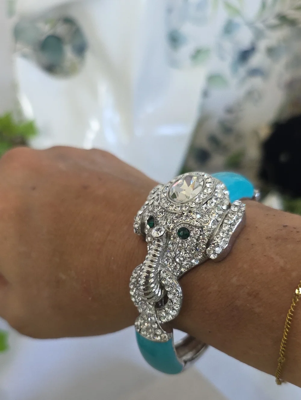 Dazzling Rhinestone Elephant Turquoise Enamel Clamper Statement Bracelet